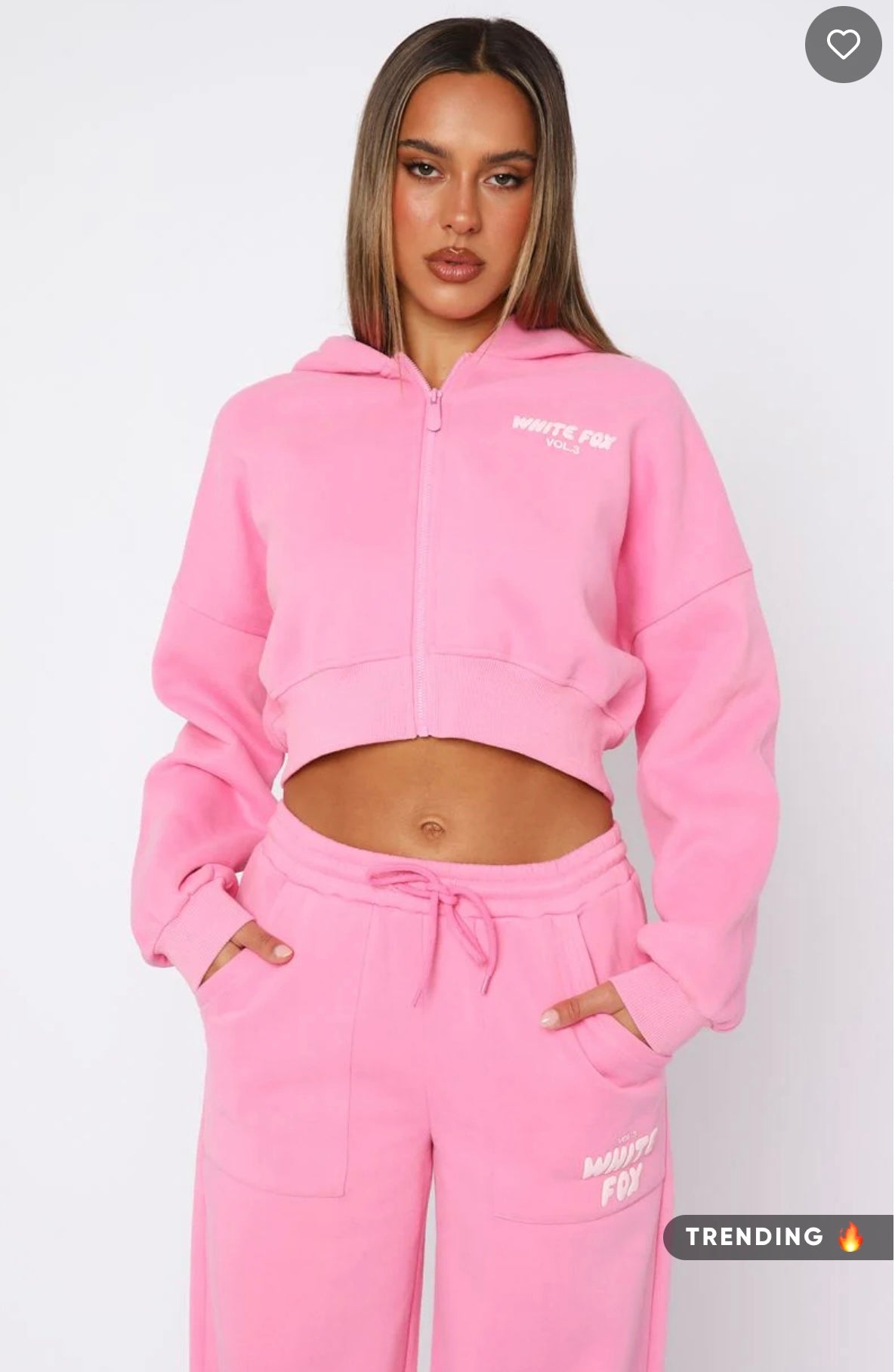 White Fox Cropped Zipup Hoodie Bubblegum